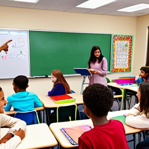 Home 11 **Image:** A vibrant classroom scene filled with students actively engaged in a group project. Show students of diverse backgrounds collaborating enthusiastically, surrounded by colorful learning materials and modern technology (tablets, interactive whiteboards). The atmosphere should be positive and energetic, with smiles and laughter. Consider including traditional Arabic design elements in the background, subtly woven into the classroom décor.