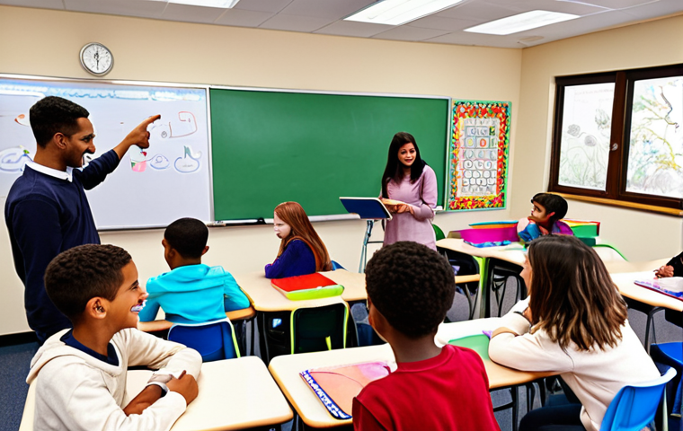 **Image:** A vibrant classroom scene filled with students actively engaged in a group project. Show students of diverse backgrounds collaborating enthusiastically, surrounded by colorful learning materials and modern technology (tablets, interactive whiteboards). The atmosphere should be positive and energetic, with smiles and laughter. Consider including traditional Arabic design elements in the background, subtly woven into the classroom décor.