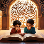 **Interactive Arabic Storybook Scene:** Vibrant illustration. A group of diverse children gathered around an open, glowing storybook. Arabic calligraphy elegantly swirling from the book's pages, forming fantastical creatures and scenes. Focus on expressions of wonder and excitement on the children's faces. Include elements of traditional Arabic patterns and design in the background.