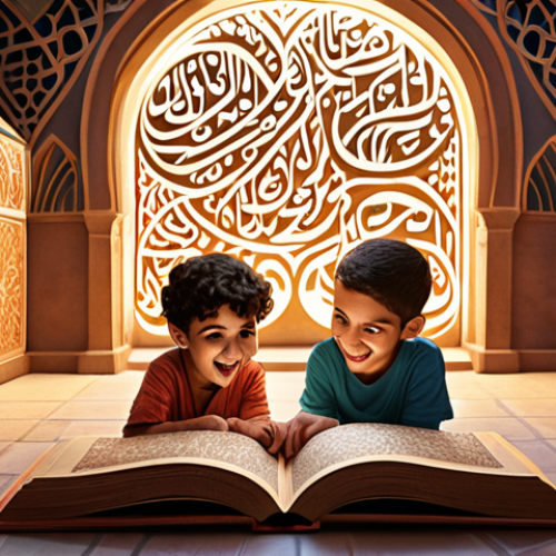 Home 6 **Interactive Arabic Storybook Scene:** Vibrant illustration. A group of diverse children gathered around an open, glowing storybook. Arabic calligraphy elegantly swirling from the book's pages, forming fantastical creatures and scenes. Focus on expressions of wonder and excitement on the children's faces. Include elements of traditional Arabic patterns and design in the background.