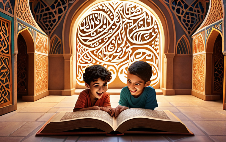 **Interactive Arabic Storybook Scene:** Vibrant illustration. A group of diverse children gathered around an open, glowing storybook. Arabic calligraphy elegantly swirling from the book's pages, forming fantastical creatures and scenes. Focus on expressions of wonder and excitement on the children's faces. Include elements of traditional Arabic patterns and design in the background.