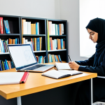 A focused young female student in modest, professional student attire, diligently working on a creative project at a modern desk. The desk features an open notebook with elegant Arabic calligraphy, a laptop displaying research content, and several reference books. The setting is a well-lit, contemporary university library or collaborative workspace. The image conveys a calm, studious, and inspiring atmosphere. perfect anatomy, correct proportions, natural pose, well-formed hands, proper finger count, natural body proportions, professional photography, high quality, realistic, sharp focus, vibrant colors, detailed, safe for work, appropriate content, fully clothed, modest clothing, professional, family-friendly.