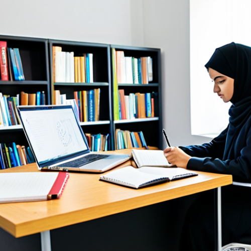 A focused young female student in modest, professional student attire, diligently working on a creative project at a modern desk. The desk features an open notebook with elegant Arabic calligraphy, a laptop displaying research content, and several reference books. The setting is a well-lit, contemporary university library or collaborative workspace. The image conveys a calm, studious, and inspiring atmosphere. perfect anatomy, correct proportions, natural pose, well-formed hands, proper finger count, natural body proportions, professional photography, high quality, realistic, sharp focus, vibrant colors, detailed, safe for work, appropriate content, fully clothed, modest clothing, professional, family-friendly.