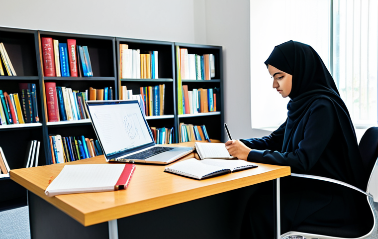 A focused young female student in modest, professional student attire, diligently working on a creative project at a modern desk. The desk features an open notebook with elegant Arabic calligraphy, a laptop displaying research content, and several reference books. The setting is a well-lit, contemporary university library or collaborative workspace. The image conveys a calm, studious, and inspiring atmosphere. perfect anatomy, correct proportions, natural pose, well-formed hands, proper finger count, natural body proportions, professional photography, high quality, realistic, sharp focus, vibrant colors, detailed, safe for work, appropriate content, fully clothed, modest clothing, professional, family-friendly.