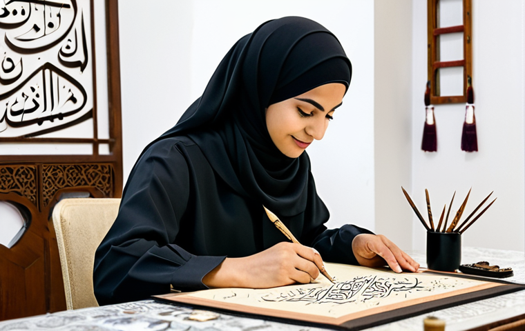 **
"A professional Arabic calligrapher, fully clothed in modest traditional attire, carefully crafting a beautiful Arabic phrase with a traditional reed pen (qalam) on ornate paper. The background shows a well-lit workshop filled with calligraphy tools and examples of their work. Safe for work, appropriate content, perfect anatomy, natural pose, professional, modest, family-friendly, high quality."
**