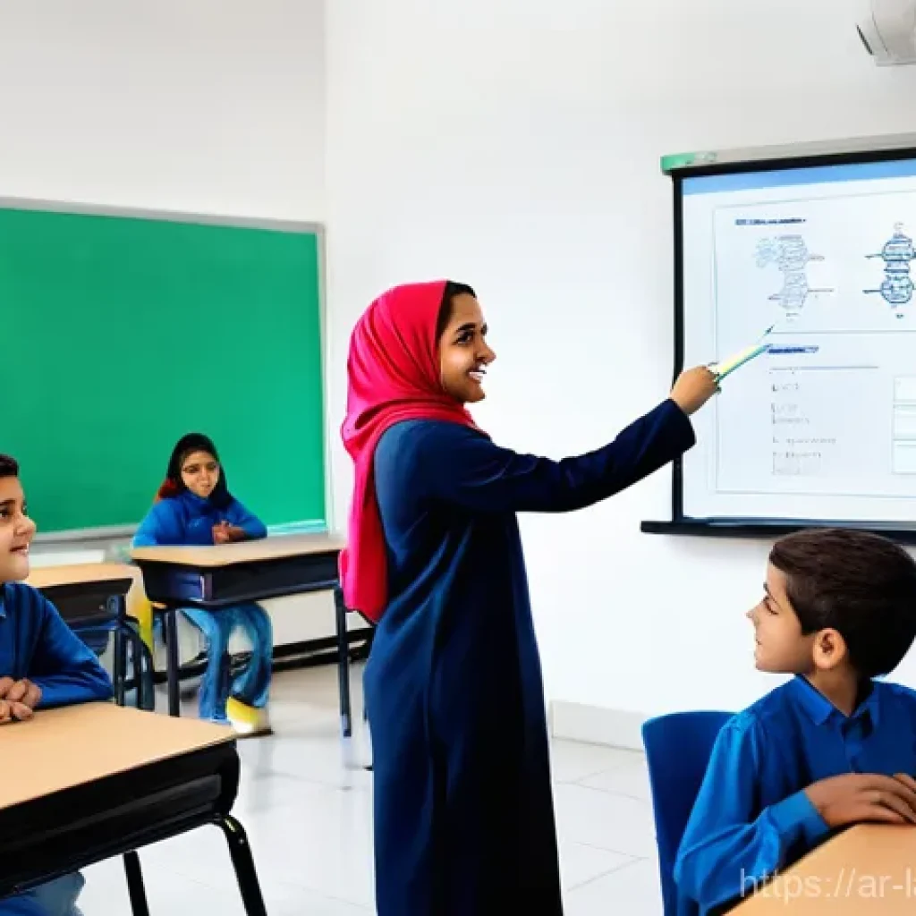 언어 교육에서의 양적 연구 방법 - **Prompt:** A vibrant and modern classroom in an Arabic-speaking country, filled with diverse, respe...