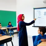 Home 2 언어 교육에서의 양적 연구 방법 - **Prompt:** A vibrant and modern classroom in an Arabic-speaking country, filled with diverse, respe...