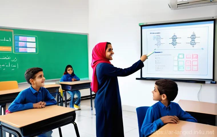 언어 교육에서의 양적 연구 방법 - **Prompt:** A vibrant and modern classroom in an Arabic-speaking country, filled with diverse, respe...