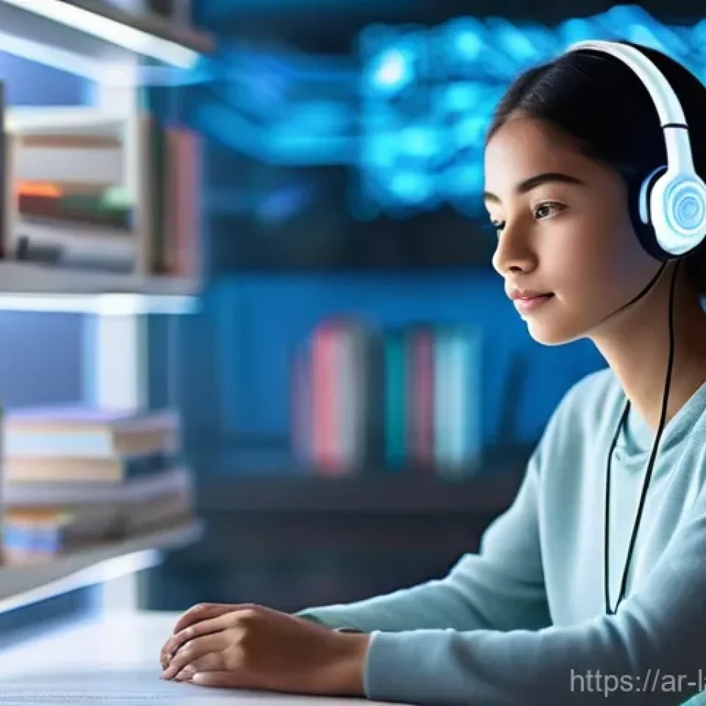 언어 교육에서의 학습 분석 - **Personalized AI Language Guide:** A young adult, around 17 years old, with a focused and contempla...