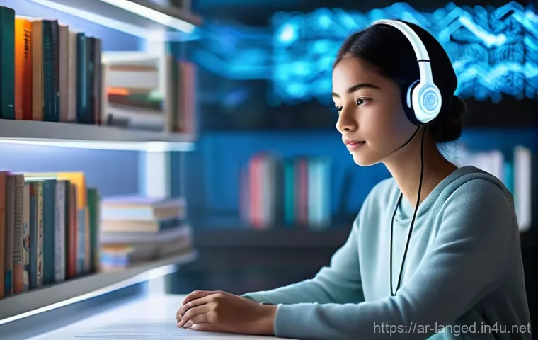 언어 교육에서의 학습 분석 - **Personalized AI Language Guide:** A young adult, around 17 years old, with a focused and contempla...