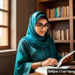 언어 교육에서의 읽기 훈련 - A warm, inviting study room in a modern Arabic home, featuring a Middle Eastern adult woman reading ...
