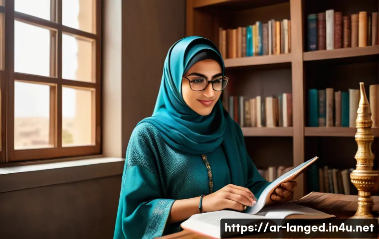 언어 교육에서의 읽기 훈련 - A warm, inviting study room in a modern Arabic home, featuring a Middle Eastern adult woman reading ...