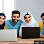 언어 교육에서의 구술 교육 - A diverse group of young Arab adults engaged in a lively online language learning session via video ...