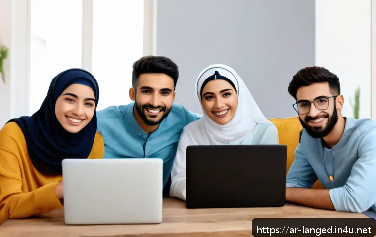 언어 교육에서의 구술 교육 - A diverse group of young Arab adults engaged in a lively online language learning session via video ...