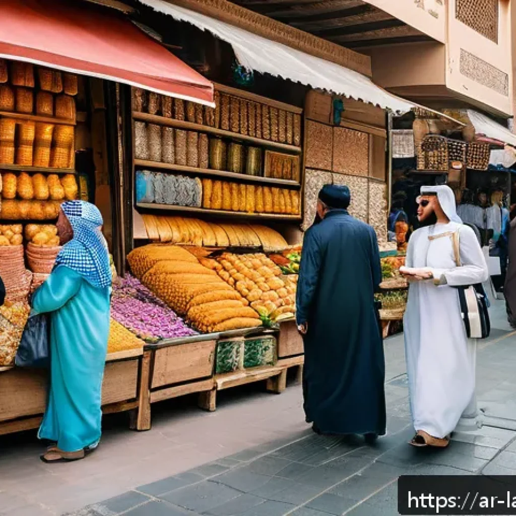 다문화 사회와 언어 교육 - A vibrant multicultural community scene in a Middle Eastern city market, featuring diverse adults an...