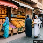 다문화 사회와 언어 교육 - A vibrant multicultural community scene in a Middle Eastern city market, featuring diverse adults an...