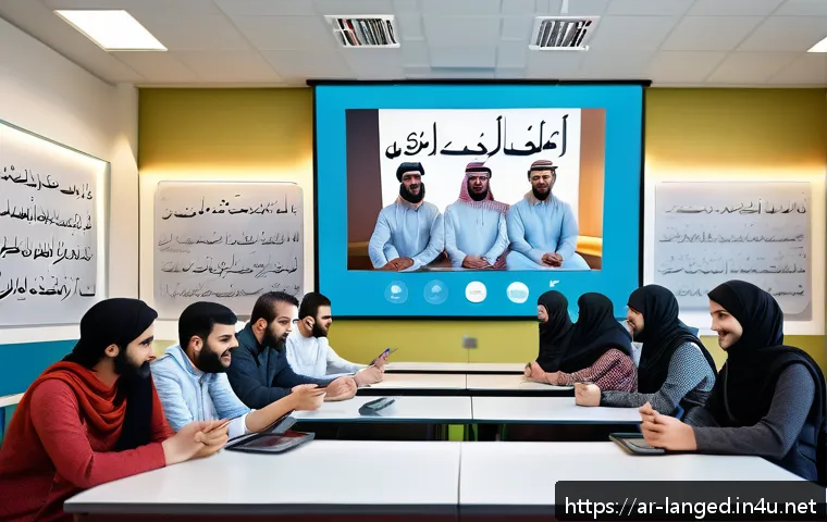 언어 교육의 멀티모달 학습 - A vibrant classroom scene set in a modern Arabic-speaking environment, featuring diverse adult learn...
