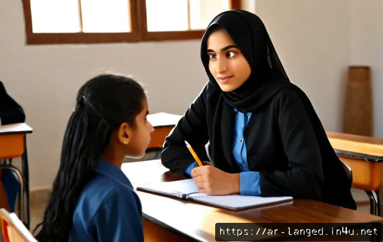 Home 30 언어 교육에서의 학습 평가 - Photorealistic Arabic language classroom assessment, a warm female teacher in modest professional at...