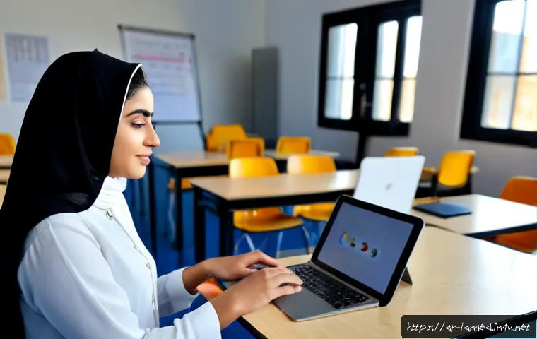 Home 17 언어 교육 평가 도구 - Photorealistic Arabic language assessment scene in a bright modern classroom, an Arab female teacher...