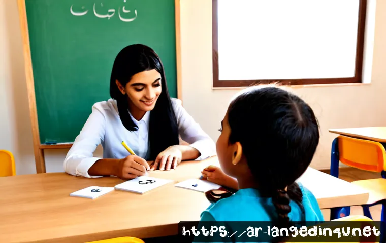 언어 교육에서의 철자 교육 - Photorealistic Arabic language spelling lesson in a bright modern classroom, a Middle Eastern female...